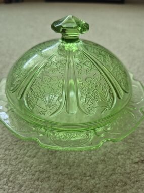 Green Depression Glass Covered Butter Dish - Cherry Blossom